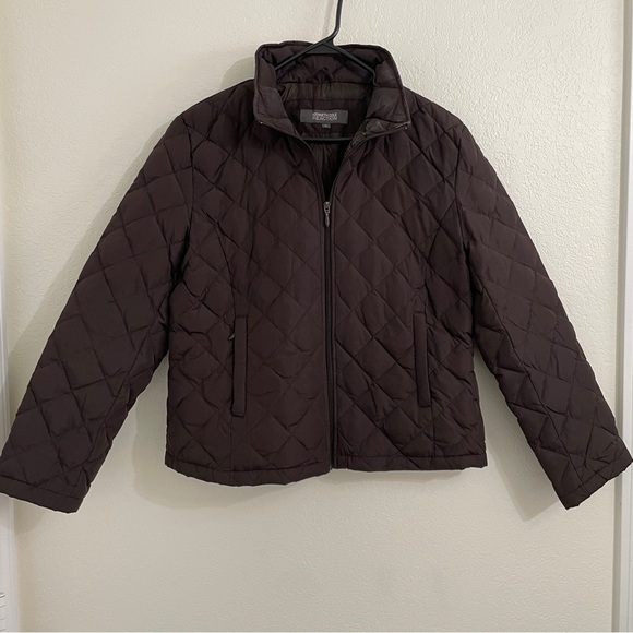 KENNETH COLE REACTION Chocolate Brown Quilted Boxy Funnel Neck Down Coat XL - Picture 3 of 8